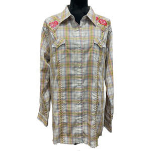 Wrangler Multicolor Plaid Button-Down Shirt with Floral Accents